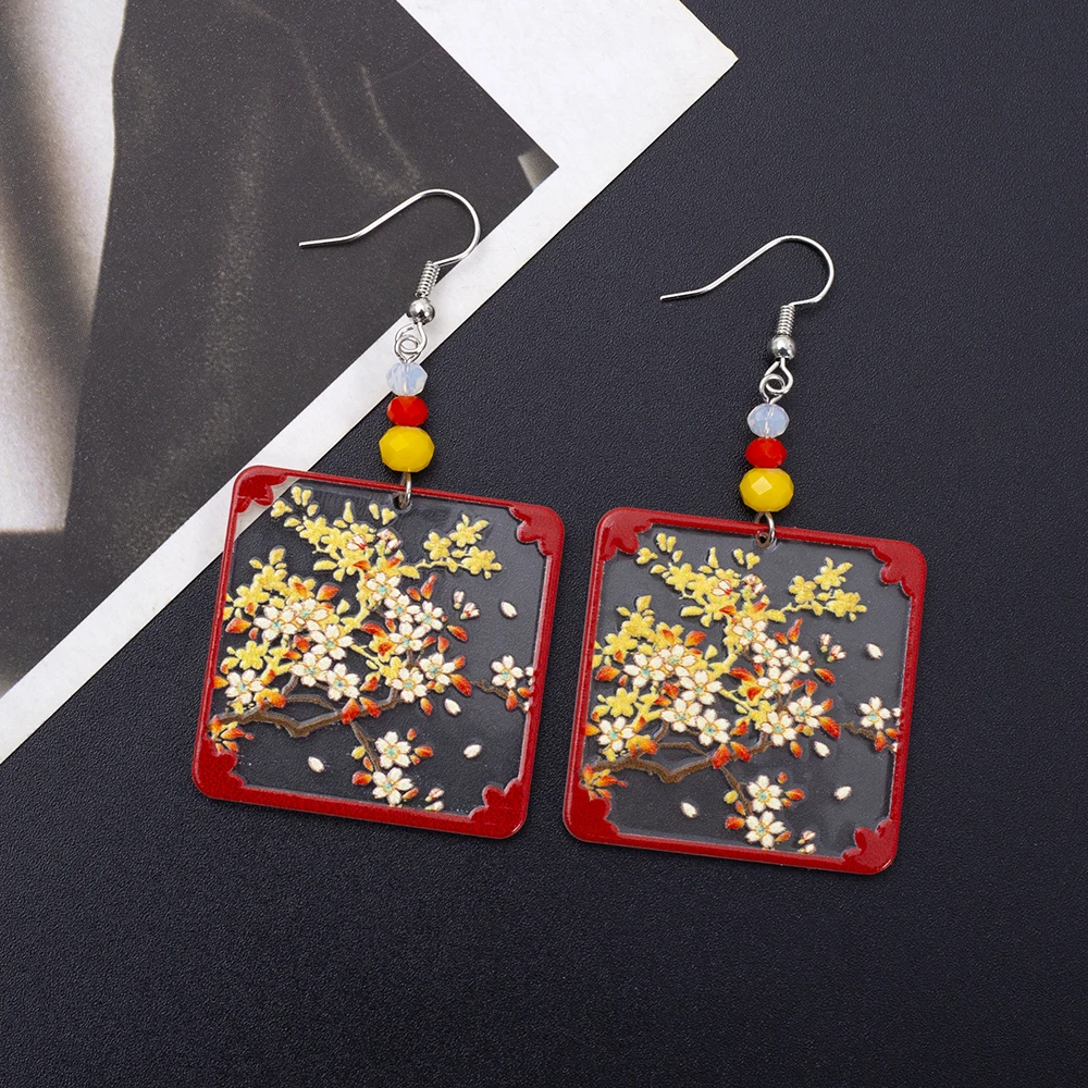 Fashion Ethnic Style Branches Flower Translucent Geometric Square Earrings Acrylic  For Women Vintage Color Matching Red Jewelry