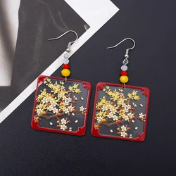 Fashion Ethnic Style Branches Flower Translucent Geometric Square Earrings Acrylic  For Women Vintage Color Matching Red Jewelry