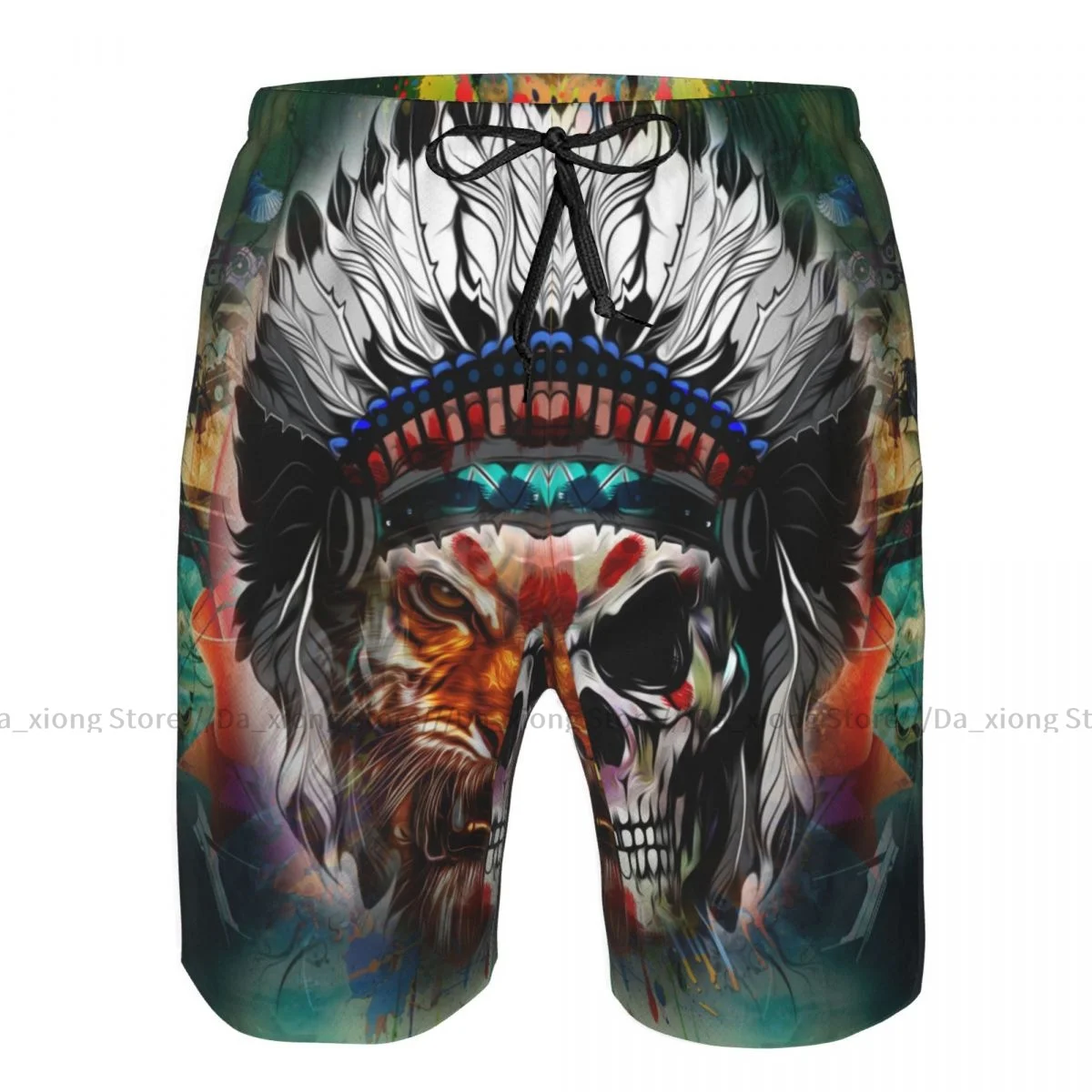 Mens Swimwear Swim Short Trunk Tiger With Half Of Human Skull Beach Board Shorts Swimming Surffing shorts