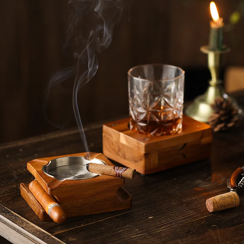 

creative wood ashtray box piano lacquer cigar whisky cup holder storage tobacco cigar cutter drill cap tray smoking accessories