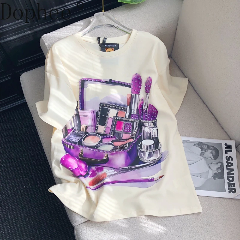 

Original New Spring Summer Women T-shirt Personality Printing Diamonds Loose O-neck Pullover Top Mid-long Short Sleeve Tees