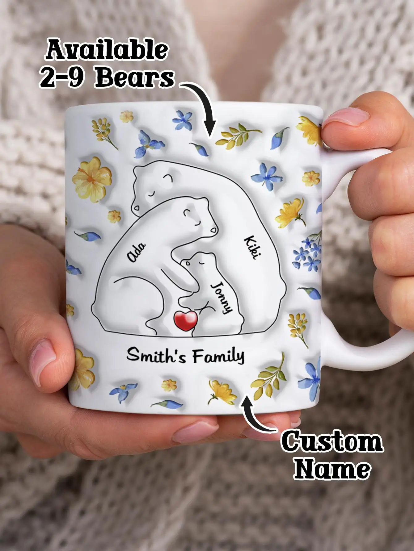 Custom Bear Family Name Mug 11oz Personalized Names Coffee Cup 3D Inflated Effect Gift for Mom Dad Couple Wedding