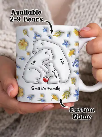 Custom Bear Family Name Mug 11oz Personalized Names Coffee Cup 3D Inflated Effect Gift for Mom Dad Couple Wedding