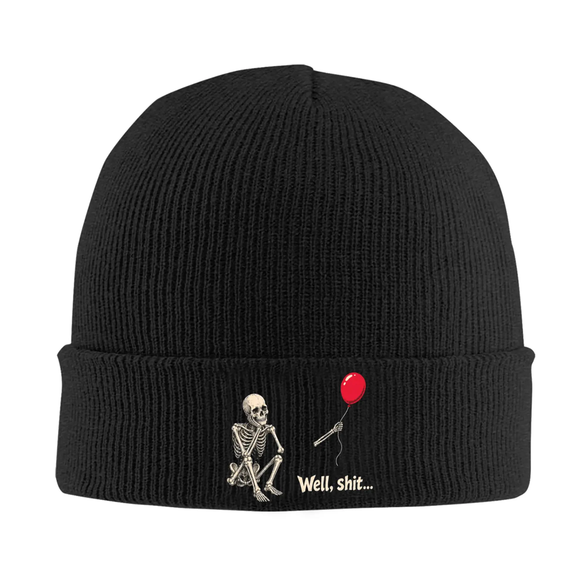 Well Shit Funny Skeleton With Red Balloon Meme Beanie Hats  Knit Hat Men Women Cute Warm Soft Caps Autumn Bonnet Hats