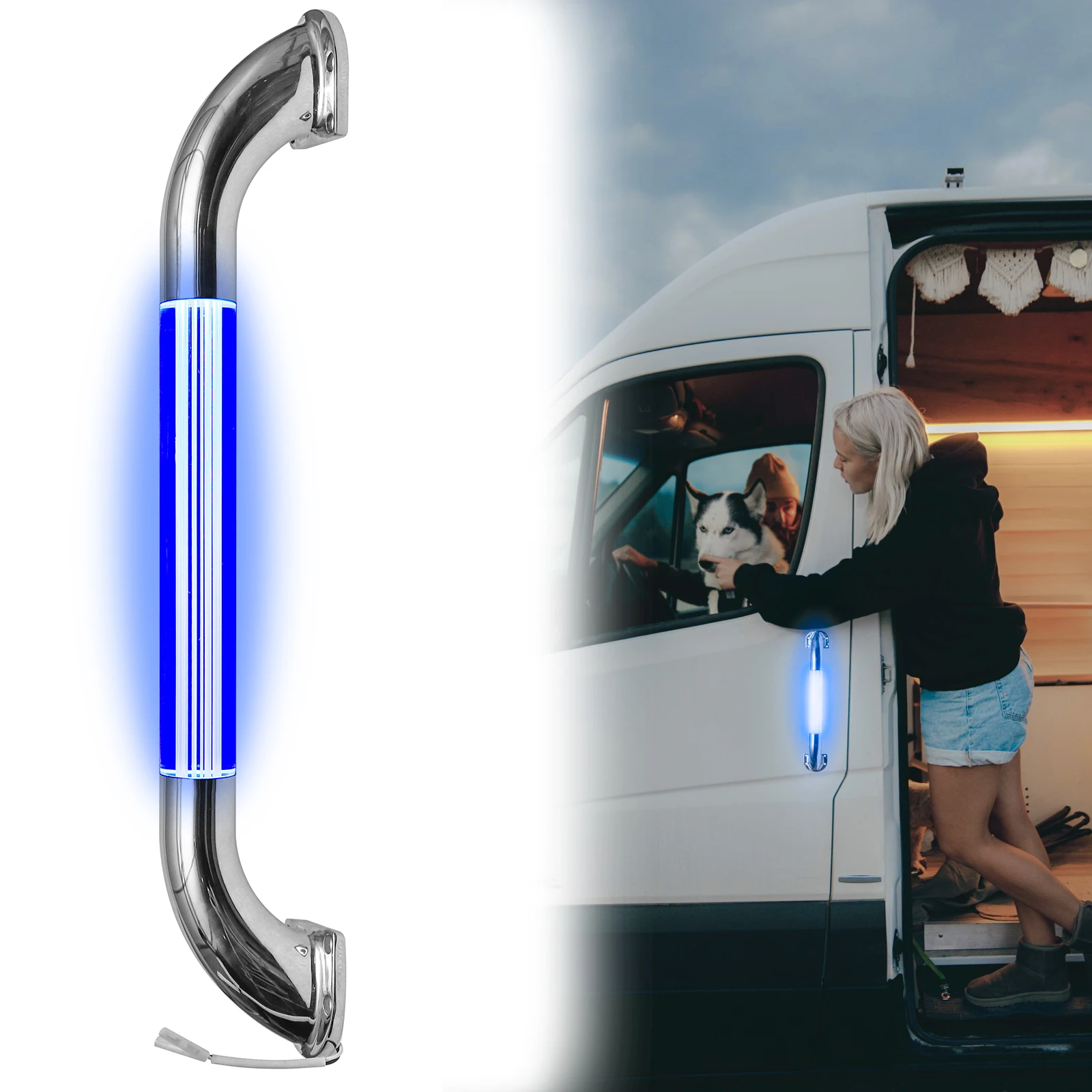 

LED-Illuminated RV Door Armrest Handle, 18-Inch Stainless Steel Assist Bar for Camper Entry Replacement, Blue Light Accent