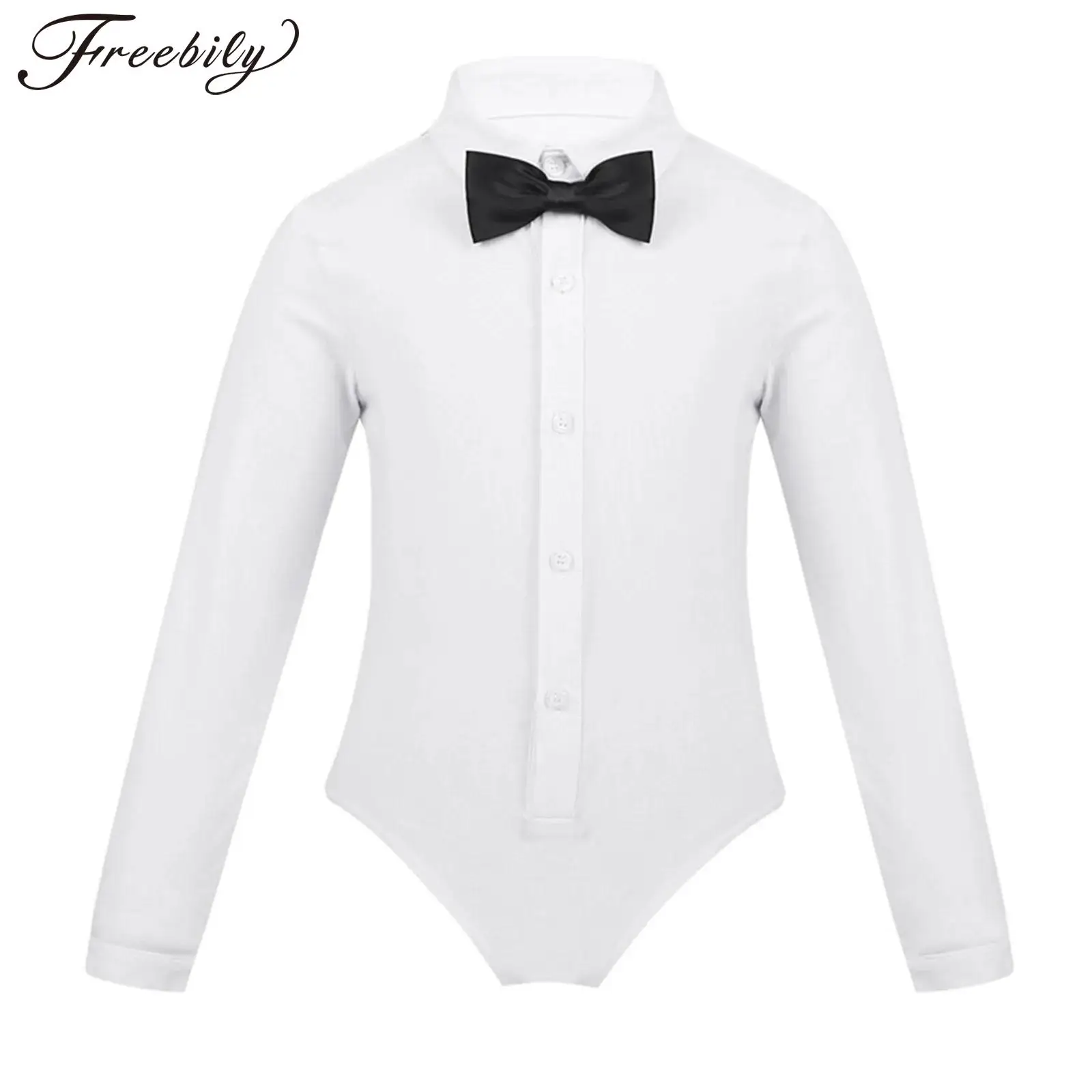 Kids Boys Latin Dancing Shirt Children Leotard Bodysuit Bowtie Gentleman Romper Top for Tango Ballroom Modern Dance Wear Costume