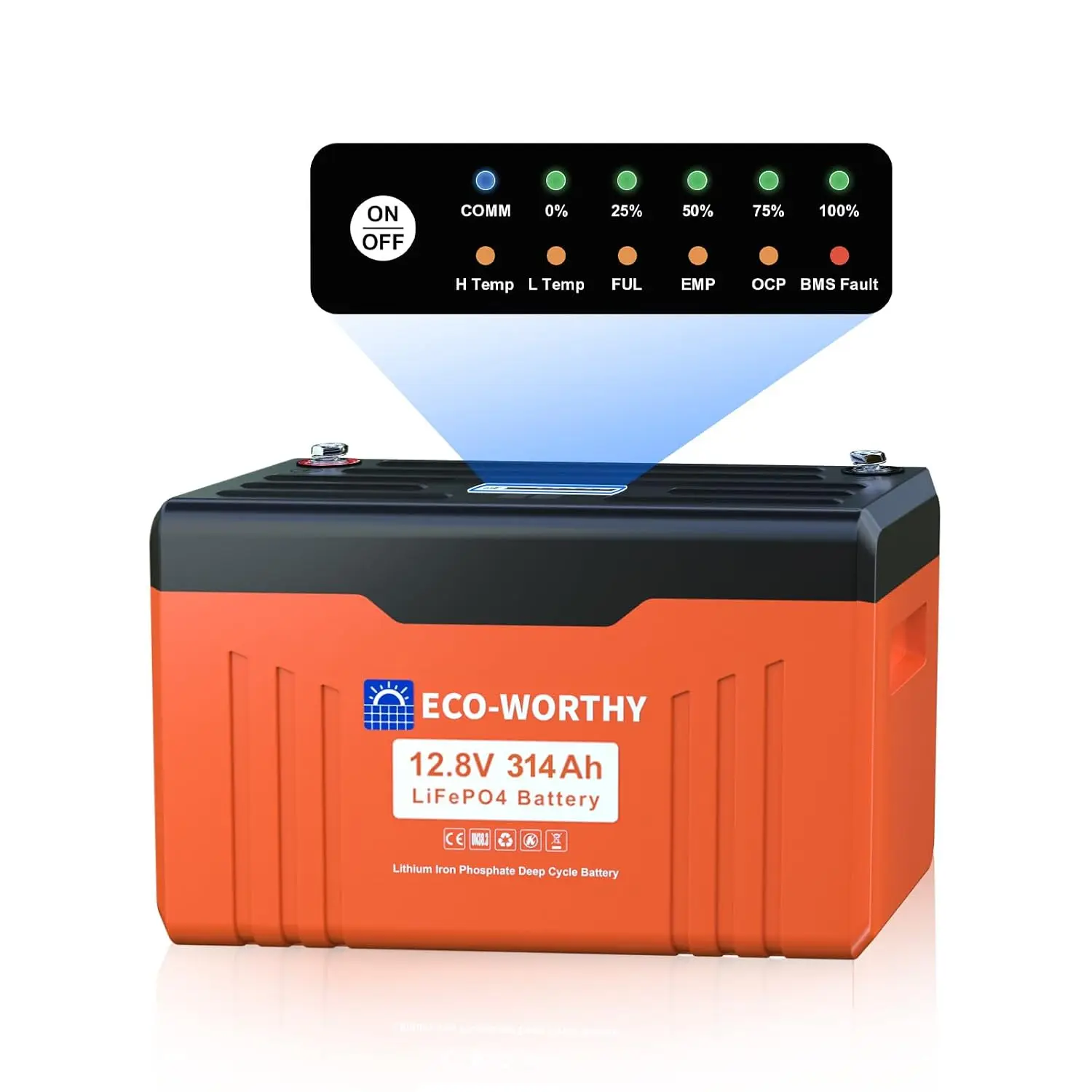 12V 314Ah LiFePO4 Battery, Bluetooth & SOC LEDs, Low Temp Protection, 4019Wh, 200A BMS & 15000 Deep Cycles, Custom