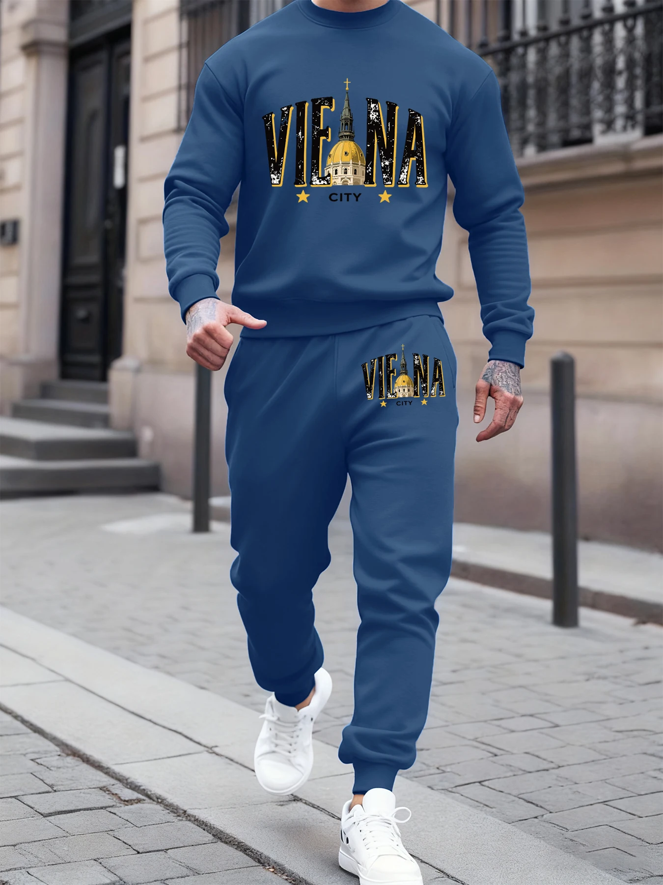 Wien Stadt Gebäude Druck Sweatshirt Anzug Herren Hip Hop Casual Jogginghose Lose Oansatz Pullover Männer Sets Fleece Weiche Hosen
