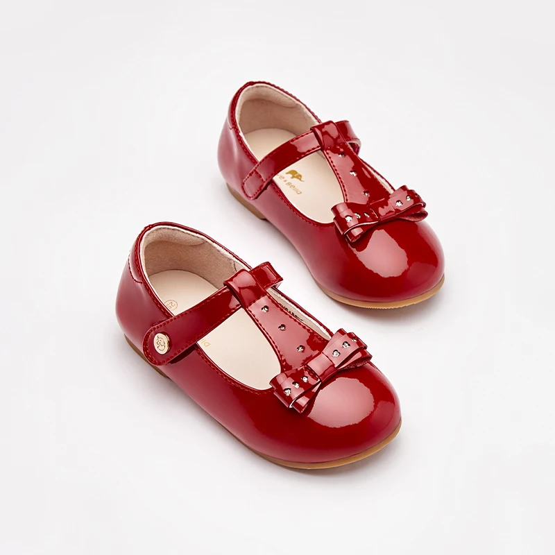 Dave Bella Wine Red Leather Shoes for Kids Girls Non-slip Casual Leather Shoes for Baby Elegant Party Princess Shoes DB3241626