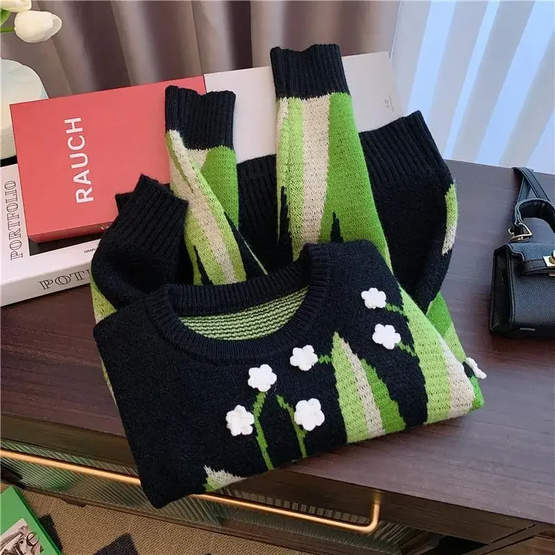 

Sweater Y2K Vintage Chic Long Sleeve Loose Pullover Tops Jumpers Women's Clothing Autumn Winter Contrast Color Flower Knitted