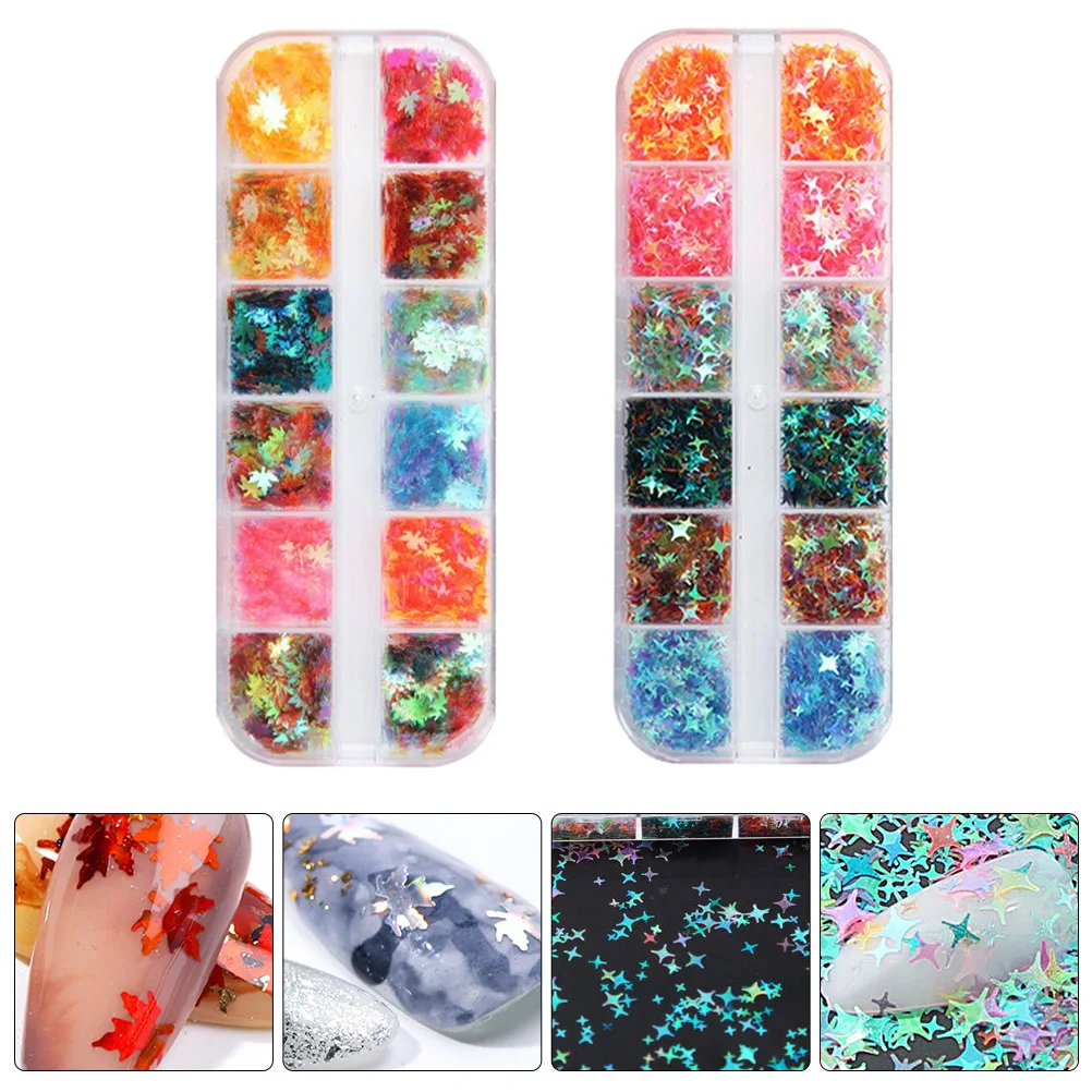 2 ボックスグリッターネイルパイレットメープルリーフデザインプロの初心者向けマニキュア装飾ジュエリーカードミラー DIY アクセサリー