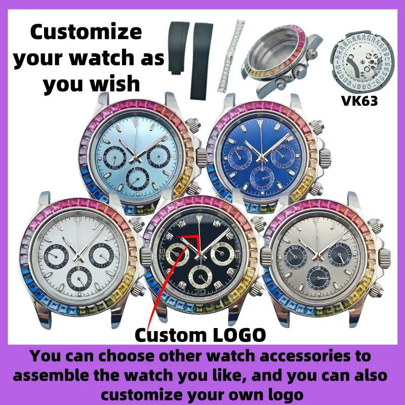 Custom LOGO 39.5mm Colored Diamond Bezel Chronograph Man Watch Case VK Series 63 Quartz Movement Lume Dial Watch Accessories A