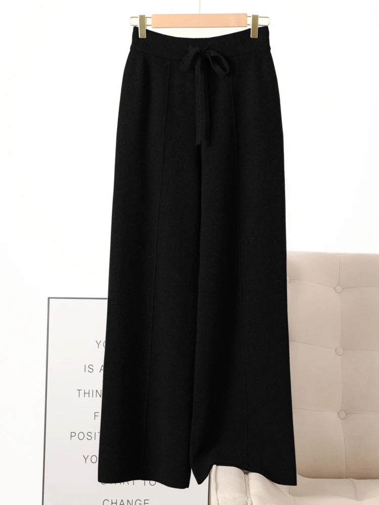 

Soft Warm Women's Fashion Solid Autumn Winter 100% Merino Wool Knitted Wide-Leg Pants Casual Loose Lace-up Thick Bottoms