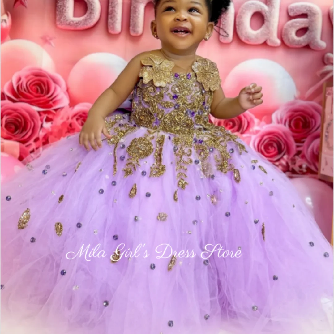 Flower Girl Dress Lavender Tulle Gold Applique Princess Banquet Little Girls Birthday Party Evening Customise Dresses Ball Gown