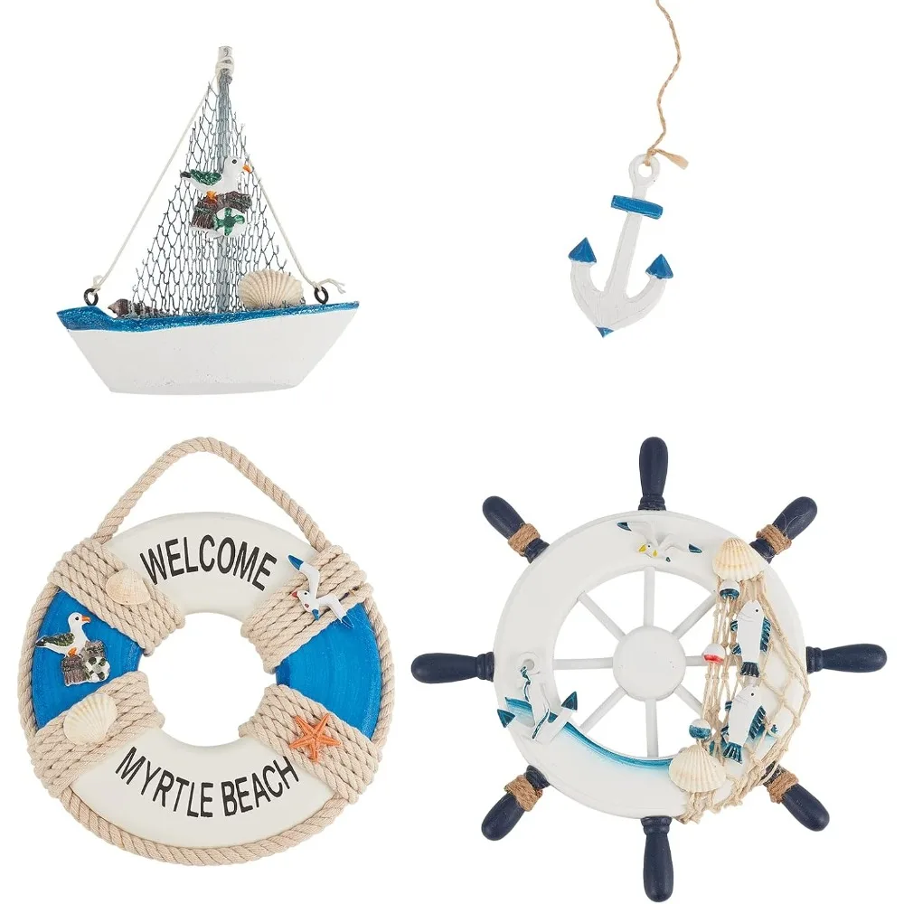 4 Styles Nautical Decor Beach Wooden Ship Wheel Sailboat Life Buoy Resin Anchor with Rope Boat Steering Rudder Wall Decor Door