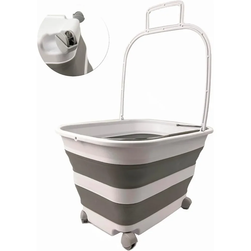 سلة غسيل بلاستيكية قابلة للطي سعة 35 لترًا بمقبض وعجلات - تخزين قابل للطي للغسيل