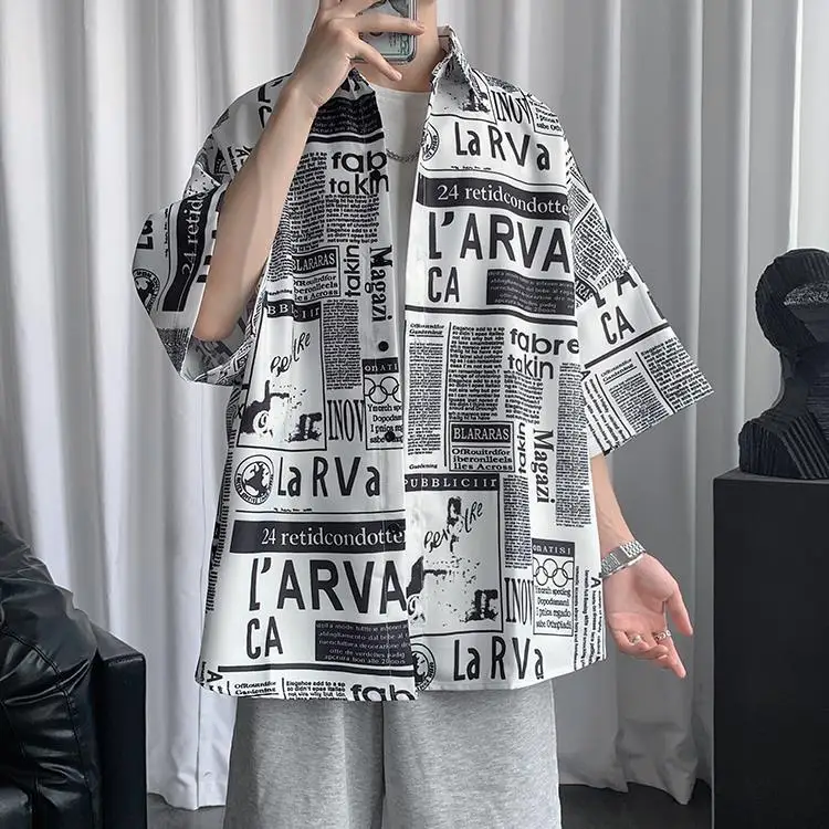 

Men Shirts and Blouses Japanese Style Newspaper Half Sleeve Shirts for Men Summer Mens Shirts Camisas De Hombre