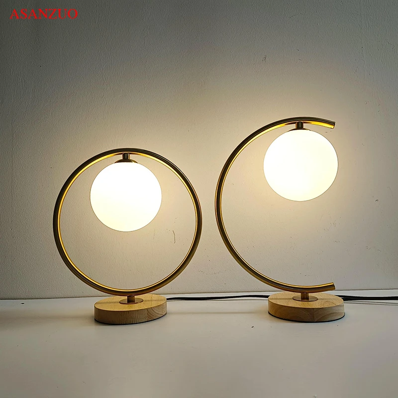 Glass ball Wood table lamp bedroom living room decor Lighting fixtures Study Reading Desk Lamp bedside Night Lamp Gold Black