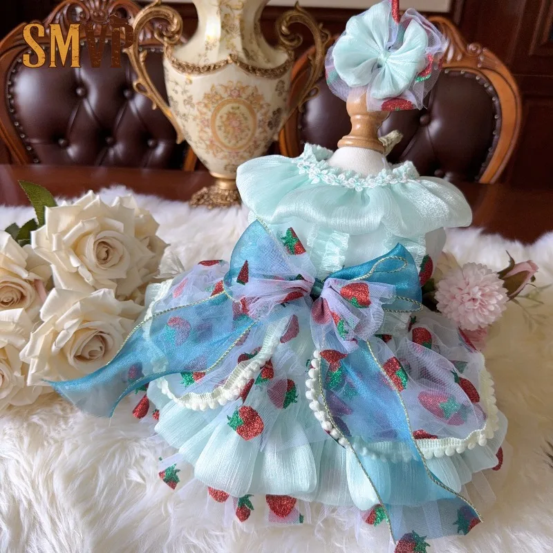 Handmade Summer Strawberry Print Pet Lolita Dress Lightweight Tulle Princess Dress with Bow Cute and Sweet Style Pet Clothes