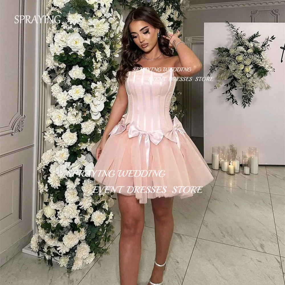 

SPRAYING Elegant Mini Strapless Satin Tulle Wedding Dress Bow A-line Short Bridal Gown Pink Above the knee Formal Party Dresses