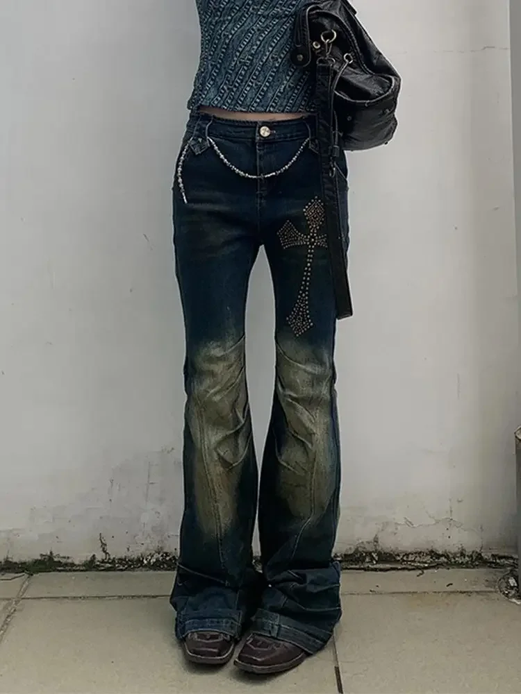 

American Retro Punk Hottie Micro Flared Pants Women 2000s Dark Academia New Y2k Mop Pants Gothic Denim Pants Long Chic Trousers