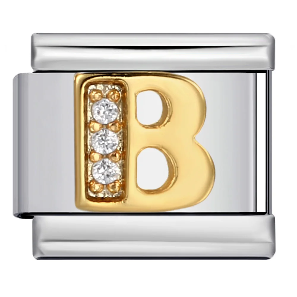 New Fashion A-Z 26 Letter Gold Color Inlaid Zirconia Italian Charm Link Fit 9mm Stainless Steel Bracelet Making DIY Jewelry