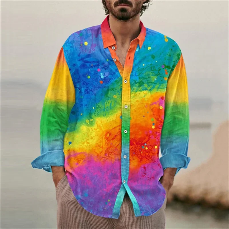 Shirt Men\'s Casual Outdoor Colorful Love Graffiti Rainbow Rose Men\'s Shirt Button Long Sleeve Lapel Plus Size New Hot Sale