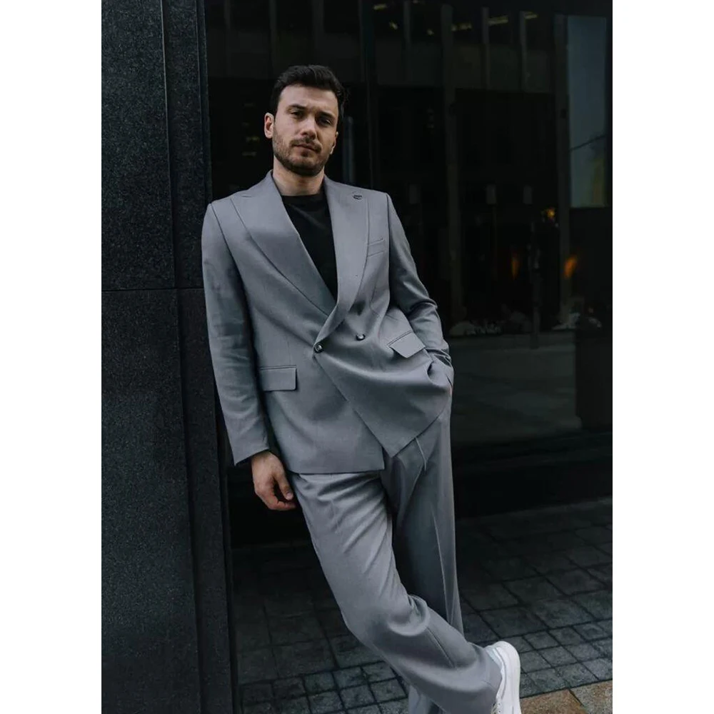 Classy Grey Men Suit Two Pieces Fashion Hot Sell Male Double Breasted Set Daily Business Blazer Pants trajes para hombre