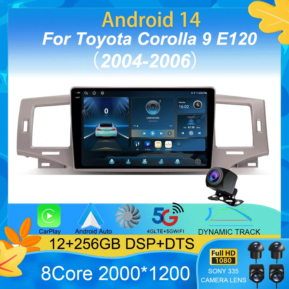 

Android 14 Carplay Auto Multimedia Player For Toyota Corolla 9 E120 2004-2006 WIFI+4G Car Radio Autoradio Stereo 2din Head Unit