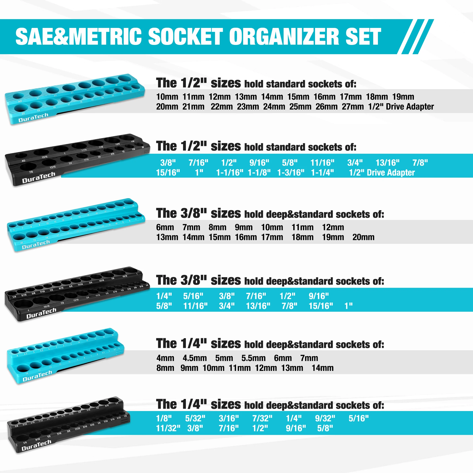 DURATECH Magnetic Socket Organizer Set for Tool Box and Tool Cart Hold 143 Pieces Standard&Deep Size Sockets