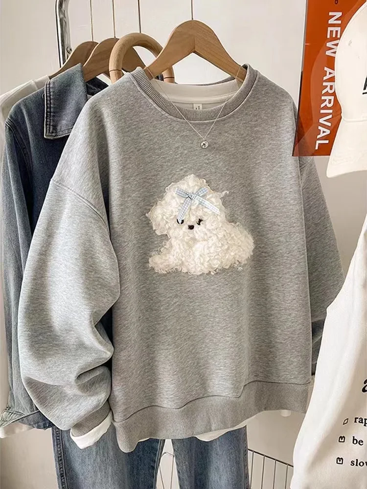 

Korean Sle ey Embroidered Dog Sweatirt Women's Loose Versatile Design College Sle Top No Hat Casual Comfortable Cotton