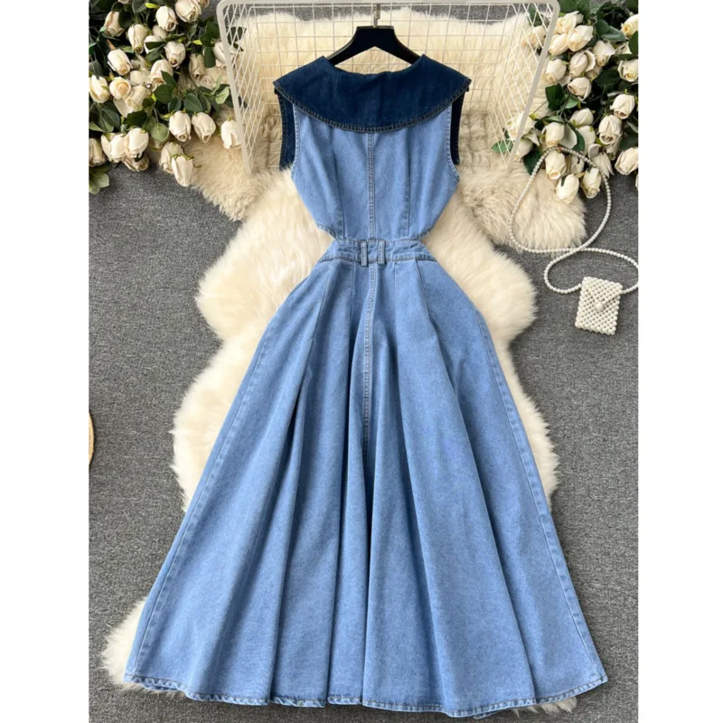 Denim Hollow Waist Sleeveless Vest Dress Women 2024 Fashion Retro Button Single Breasted A-line Split Denim Lapel Loose Dress