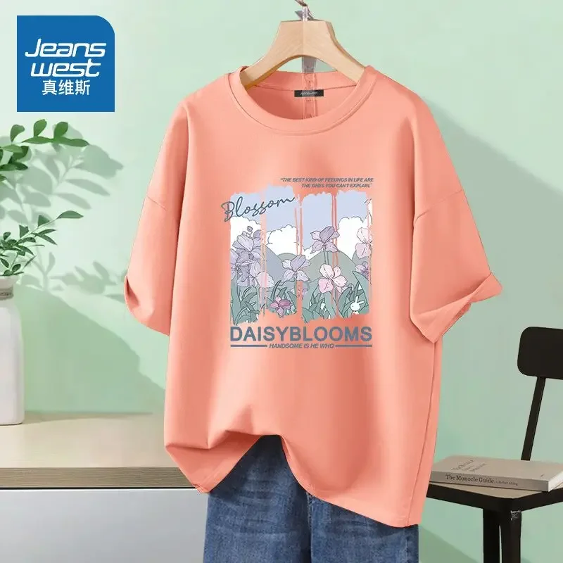 Summer Pure Cotton O-neck Loose Short Sleeve Casual Pullover Lady Basics Tops Printed Simple Tee Shirt