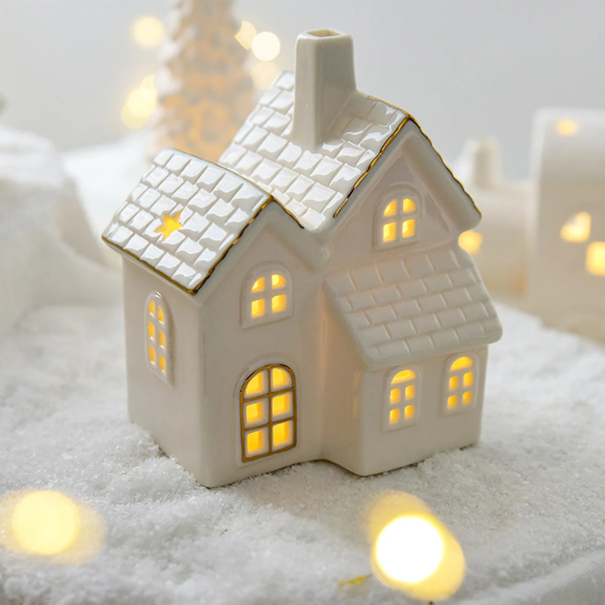 Ceramic creative ornaments small houses Christmas decorations Christmas glowing snow houses home furnishings INS ornaments