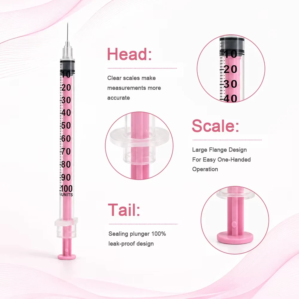 100Pcs/Box Beauty 1ml Pink Insulin Syringe 30G/31G Needle 8mm EO Gas Sterilized in Blister Pack for Beauty Machine Tools view 4