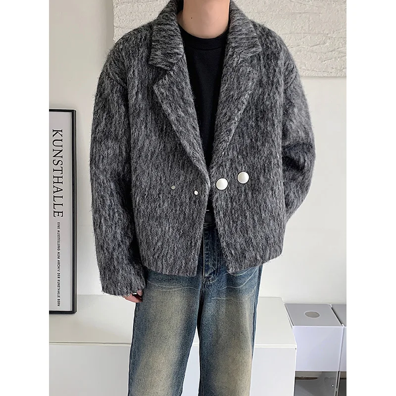 

Korean Sle Men's Woolen Suit Jaet ort Thiened Autumn Winter ey Color Double Breasted Casual Faion Design Coat