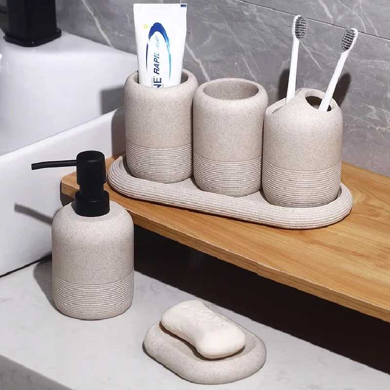 Sand and Gravel Bathroom Kit Gargle Cup Emulsion Bottle Toothbrush Holder Storage Tray Modern Bathroom Decoration Accessories