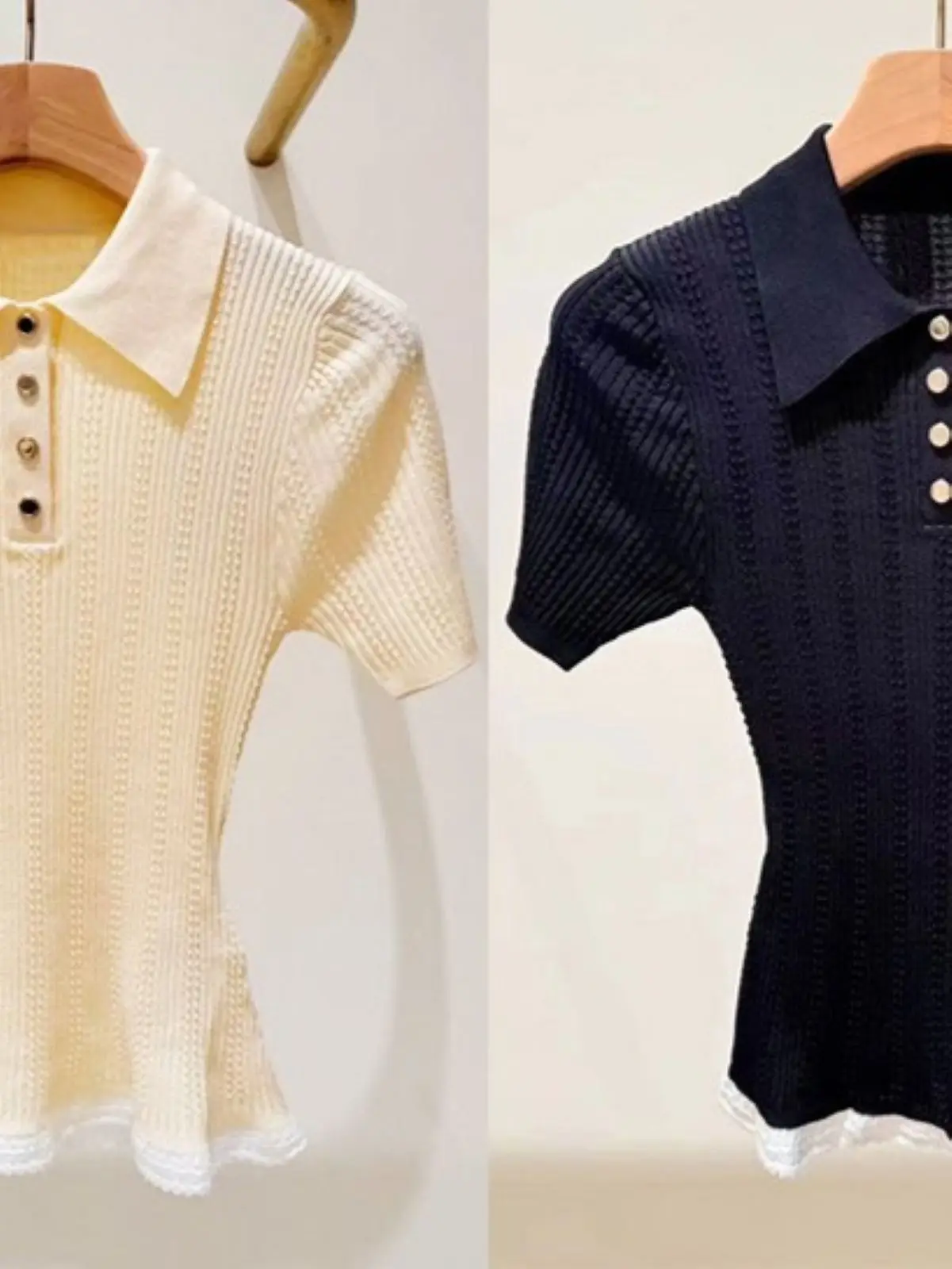 

Spring/Summer Women Polo Neck Short Sleeve Spliced Contrast Lace Hem Knit Top Ribbed Slim Soft Fashion Knitwear Pullover