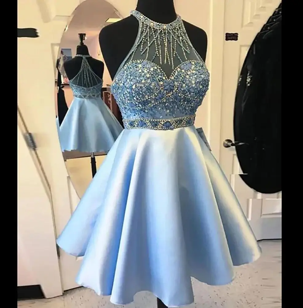 Vestido de fiesta de cumpleaños y compromiso, cuello redondo, sin mangas, color azul cielo claro