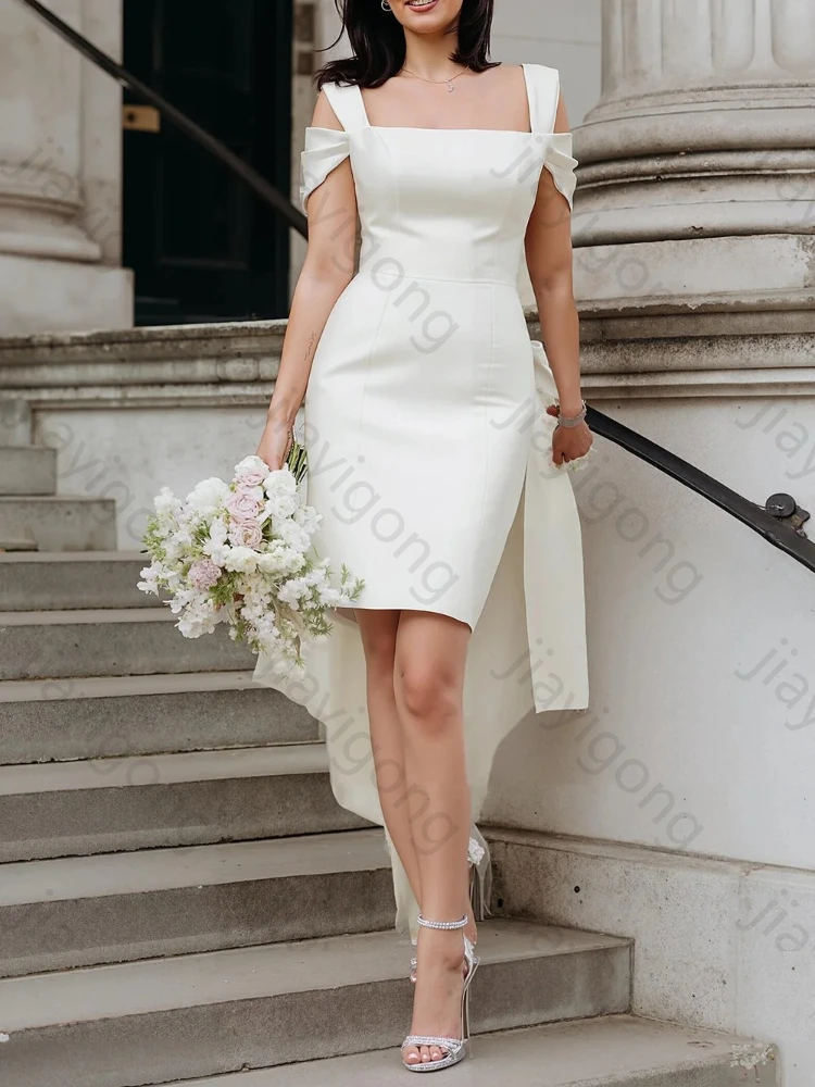 エレガントなホワイトコールドショルダーシースミニウェディングドレスブライダルドレス絶妙な高品質プロムパーティードレス女性用カスタマイズ