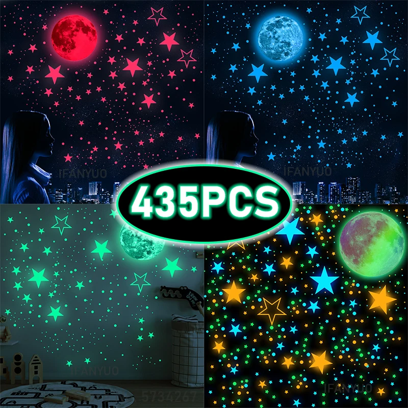 435PCS Pink Green Blue Luminous Moon Stars Wall Stickers for Kids Room Baby Nursery Bedroom Ceiling Glow In The Dark Stickers