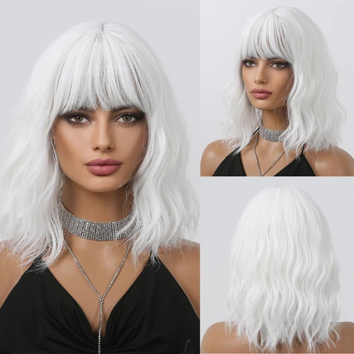 Imagen 2 del producto Peluca sintética blanca ondulada y rizada corta, peluca de pelo blanco de Lolita con flequillo para mujer, fiesta de Cosplay Natural, Halloween, resistente al calor