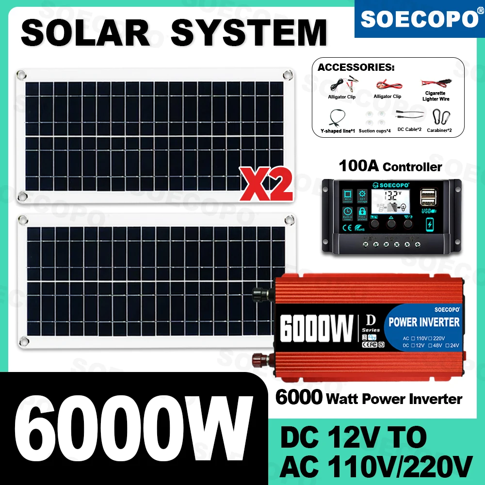 

Комплект солнечной системы 6000 Вт с солнечными панелями 2*200 Вт (USB 5 В 1,5 А) 100 А, инвертор контроллера постоянного тока 12 В в переменный ток 110 В/220 В для кемпинга, дома на колесах