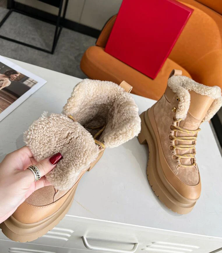 Warm Wool Fur Winter Boots Women New Arrival Lace Up Thick Sole Platform Height Increasing Cool Knight Bootie Green Brown Shoe