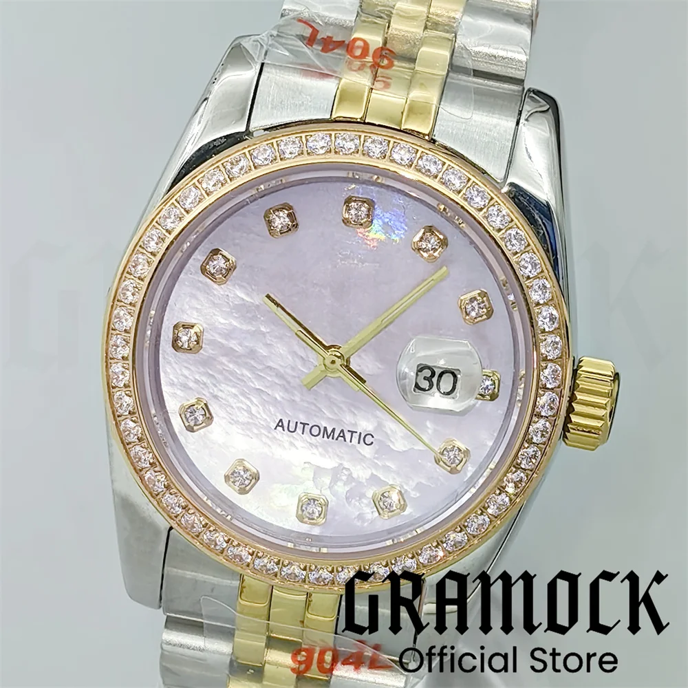 Gramock31mm Luxury Decorated Diamond Lady Watch NH05 Two Tone Rose Gold Case Sapphire Glass Sunburst PurpleGray Dial Roman Index