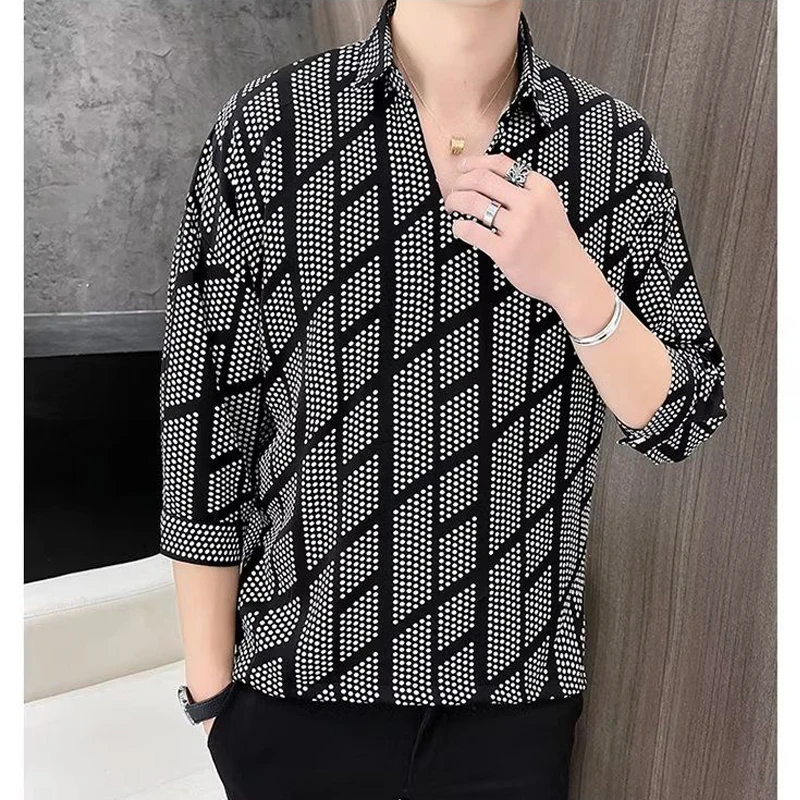 Men\'s Clothing Korean Fashion Print Business Casual Lapel Shirt Summer Three Quarter Sleeve Slim Ice Silk Tops Camisas De Hombre