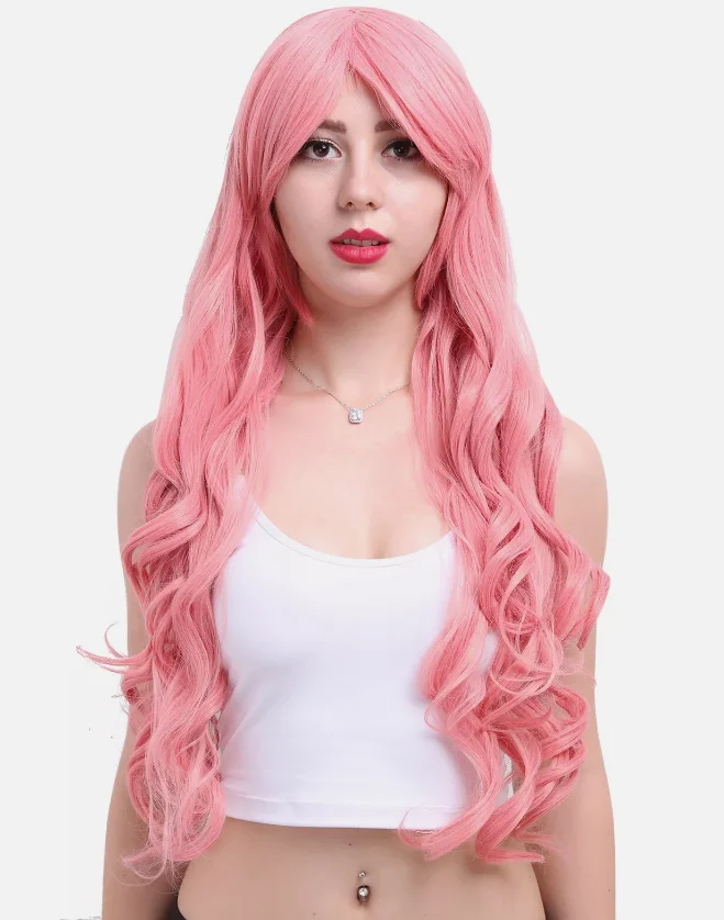 Woman Natural Smooth Synthetie Long Wavy Cosplay Wig Party Pink Wigs