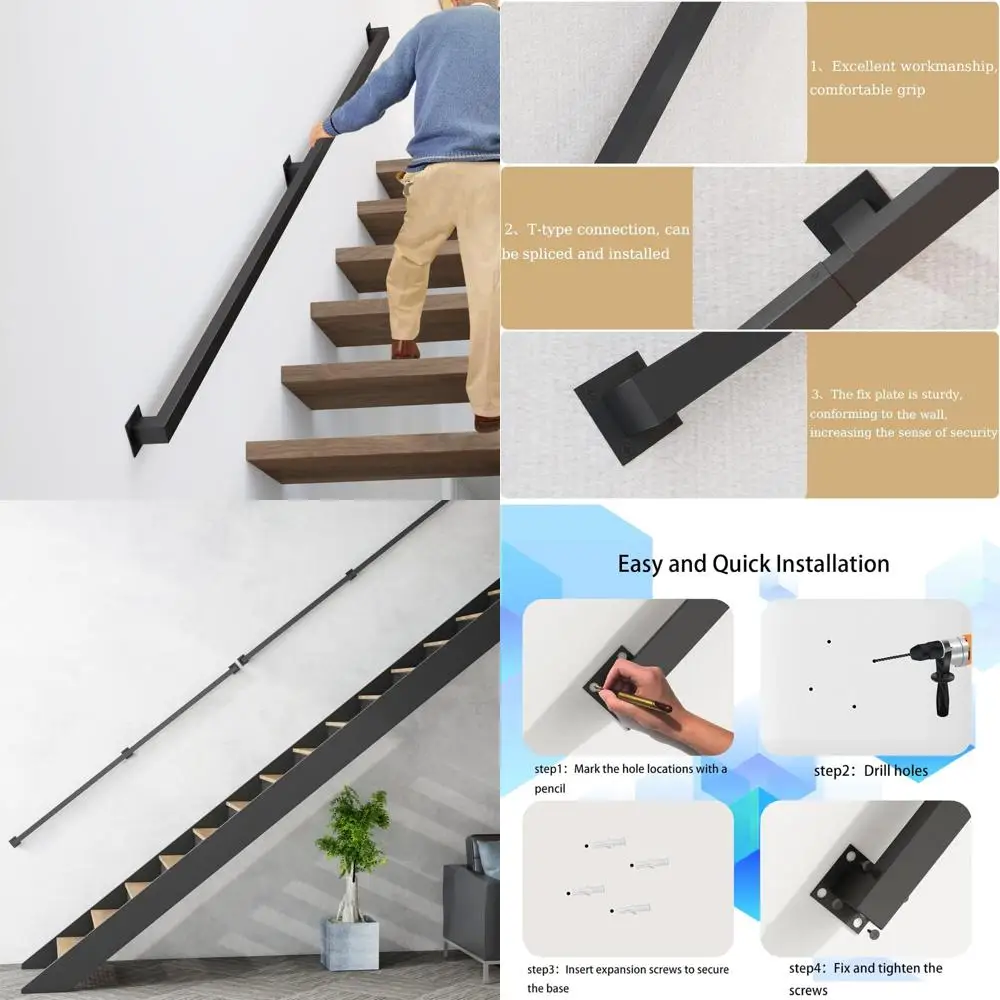 درابزين الدرج الداخلي - درابزين حديد أسود لسلالم 5 أقدام، مثبت على الحائط الصناعي، سعة تحميل 500 رطل #1