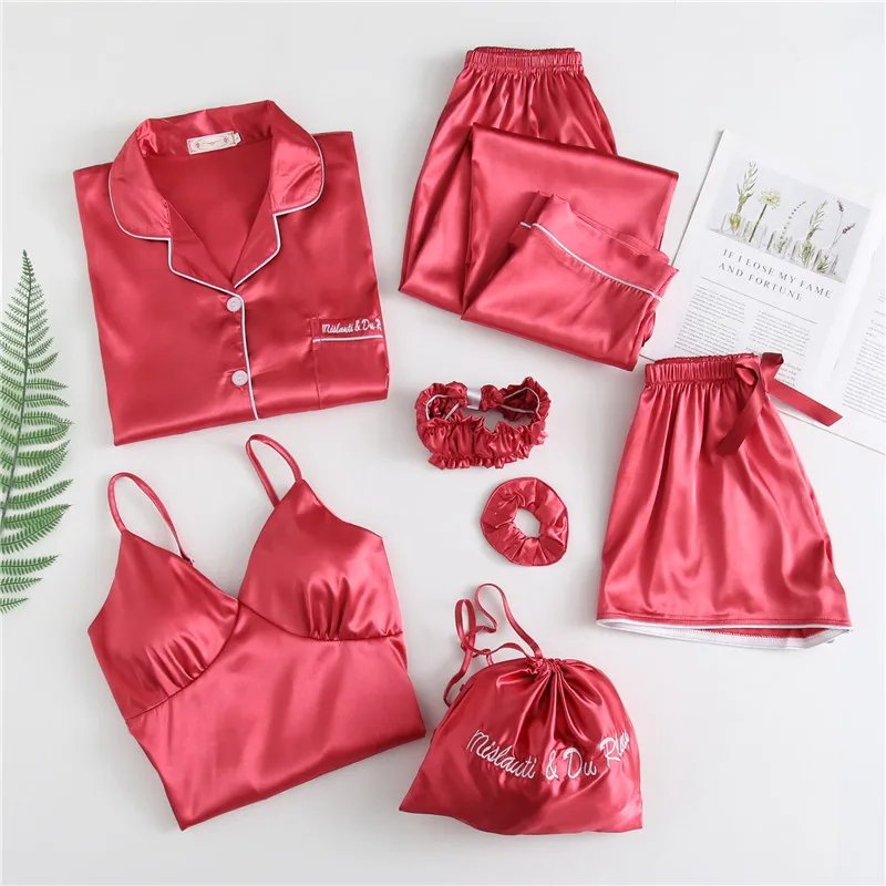 Spring Summer Female 7PCS Pajamas Set Wedding Bride Sleepwear Pijamas Suit Sexy Loose Casual Satin Home Clothes Lounge Wear