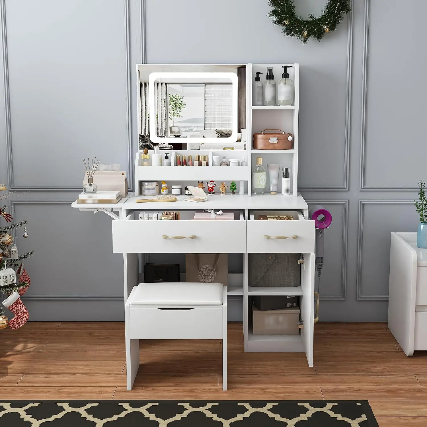 Vanity Desk with LED Mirror Lights and Power Outlet Charging Station, Makeup Dressing Table with 3 Drawers, 7 Shelves and Storag